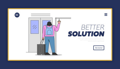 Concept Of Environmentally Public Transport. Website Landing Page. Woman Character With Luggage Riding Metro, Subway or Underground Train. Web Page Cartoon Linear Outline Flat Vector Illustration
