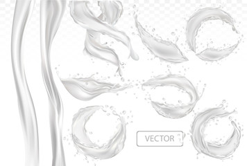 3D realistic splash of milk. Twisted fresh milk with drop on transparent background. Coctail milk. Yogurt, dessert. Set vector illustration.