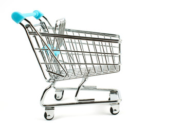 The cart of a supermarket on the white isolate.