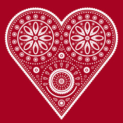 Ornamental heart isolated on red background. Love greeting card. lineart style