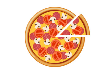 Pizza with tomato mushroom salami and cheese slices. Italian fast food meal isolated vector eps illustration