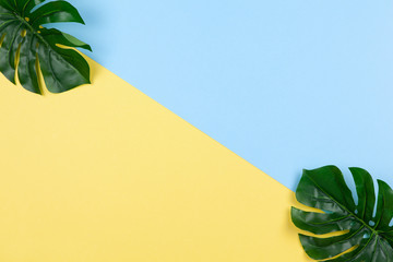 Fototapeta na wymiar Frame of monstera leaves on two-color background yellow and blue, copy space. Minimalism flat lay. For lifestyle blog, social media. Freelance, planning of vacation, travel, sales concept. Horizontal