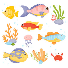 Marine life. Vector set in cartoon style isolated on white background.