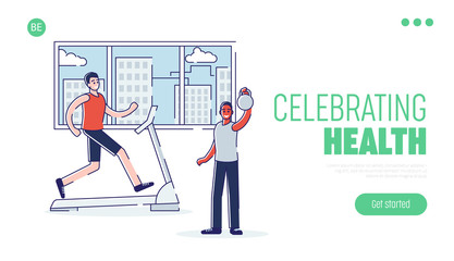 Trainings In Gym Concept. Website Landing Page. Men Do Exercises Lifting Weight, Running On Treadmill. People Training in the Fitness Center. Web Page Cartoon Linear Outline Flat Vector Illustration