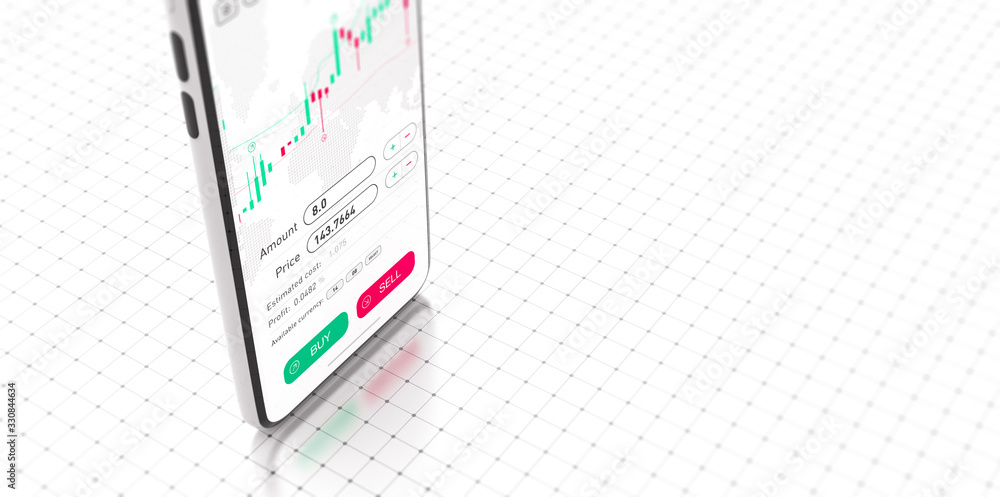 Poster stock exchange smartphone app with general info shown on screen on white background and ui (3d illus