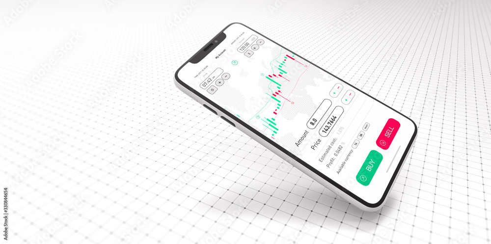 Poster stock exchange smartphone app with general info shown on screen on white background and ui (3d illus