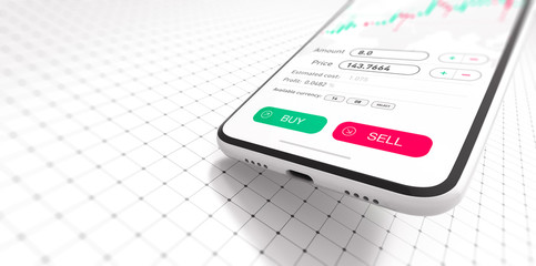 Stock exchange smartphone app with general info shown on screen on white background and UI (3D Illustration)