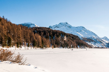Sils, Silsersee, Langlauf, Langlaufloipe, Maloja, Malojawind, Piz da la Margna, Winter, Wintersport, Winterwanderung, Abendstimmung, Oberengadin, Alpen, Seenplatte, Graub&uuml;nden, Schweiz