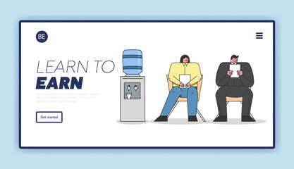 Concept Of Human Resources And Job Interview. Website Landing Page. Business People Are Waiting For Job Interview In The Corridor Holding CV. Web Page Cartoon Linear Outline Flat. Vector Illustration