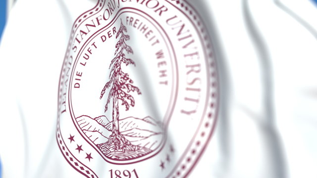 Flying flag with Stanford University emblem, close-up. Editorial 3D rendering