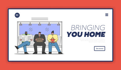 Public Transport Concept. Website Landing Page. Characters Are Riding Subway On Their Way. Men and Women Are Travelling By Underground. Web Page Cartoon Linear Outline Flat Style. Vector Illustration