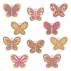 Set with abstract multicolored butterflies on a white background