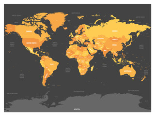 World map. High detailed political map of World with country, capital, ocean and sea names labeling. Orange map on dark background