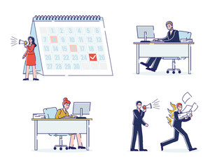 Work Deadlines Concept. Working Process In The Office With Fast Working Staff. Angry Leaderships Are Shouting At Employees To Follow Deadlines. Cartoon Linear Outline Flat Vector Illustrations Set