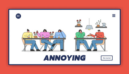 Concept Of Annoying In Communications. Website Landing Page. Annoying and Intrusive Admirer Trying Unsuccessfully Have A Conversation. Web Page Cartoon Linear Outline Flat Style. Vector Illustration