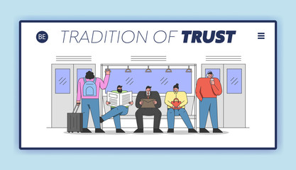 Public Transport Concept. Website Landing Page. People Ride Metro On Their Way. Men and Women in The Public Transport. Urban Transportation. Web Page Cartoon Linear Outline Flat Vector Illustration