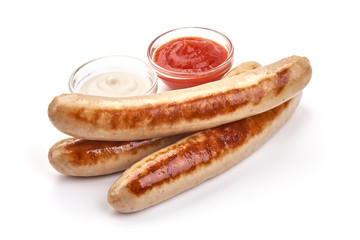 Grilled German white sausages, Thuringer Rostbratwurst, isolated on white background
