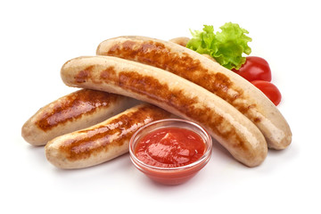 Grilled German white sausages, Thuringer Rostbratwurst, isolated on white background