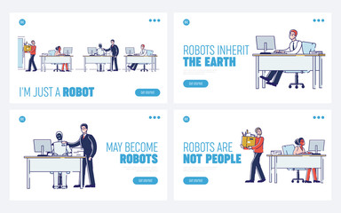 Obraz na płótnie Canvas Concept Of Collaboration Of Human And Robot. Website Landing Page. Future Concept Of Office Working Process Of Robots And Humans. Web Page Cartoon Linear Outline Flat Style. Vector Illustrations Set