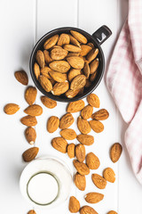 Almonds nuts and almond milk.