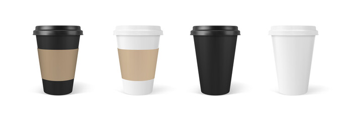 Paper coffee cups 3d realistic set. Vector illustration.