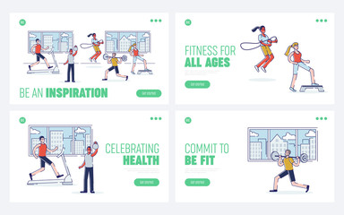 Trainings In Gym Concept. Website Landing Page. Characters Are Lifting Weight, Doing Different Strength Training. Fitness Club Interior. Cartoon Linear Outline Flat Vector Illustrations Web Page Set