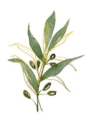 Beautiful watercolor pre-made arrangements with fresh greenery. Leaves, branches, berries, eucalyptus. Hand painted illustration. perfect for invitation cards, spring decor, wedding invitation, menu, 