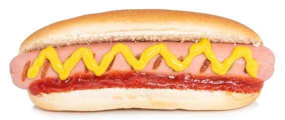 Hot dog with mustard isolated on white background. Сlipping path