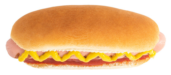 Hot dog with mustard isolated on white background. Сlipping path