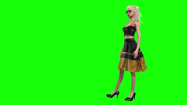 4k 3d animation of a young attractive avatar girl walks along a catwalk and shows off, poses in her designed gold and black styled outfit