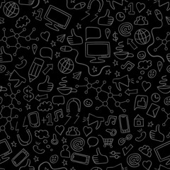 Social media doodles. Seamless pattern with hand drawn internet icons. Vector illustration.