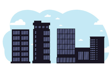 Black business centers buildings and modern city houses.City illustration.Towers and buildings on the sky background. Flat cartoon design isolated on white background.Colorful vector illustration.