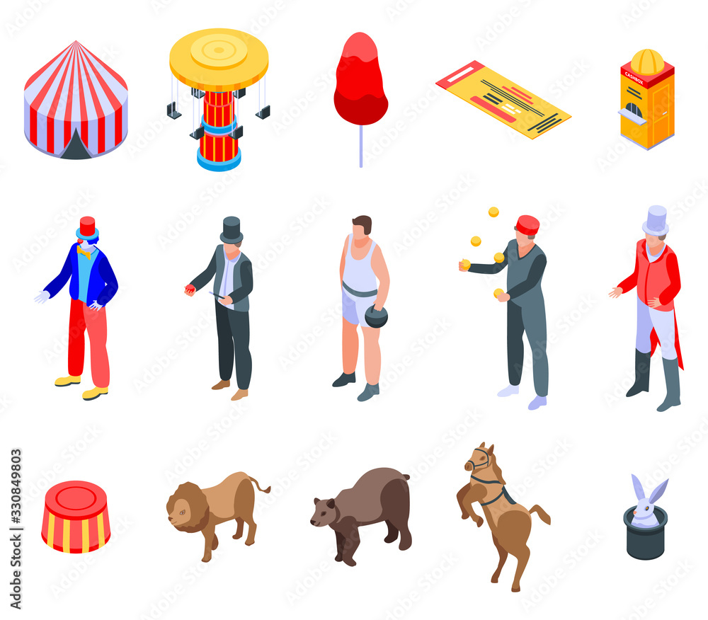 Aufkleber circus icons set. isometric set of circus vector icons for web design isolated on white background