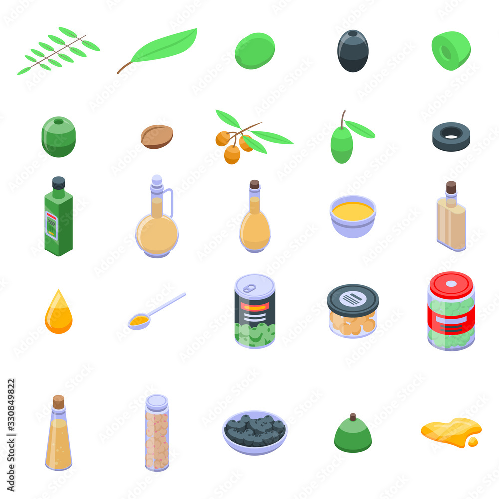 Poster olive icons set. isometric set of olive vector icons for web design isolated on white background