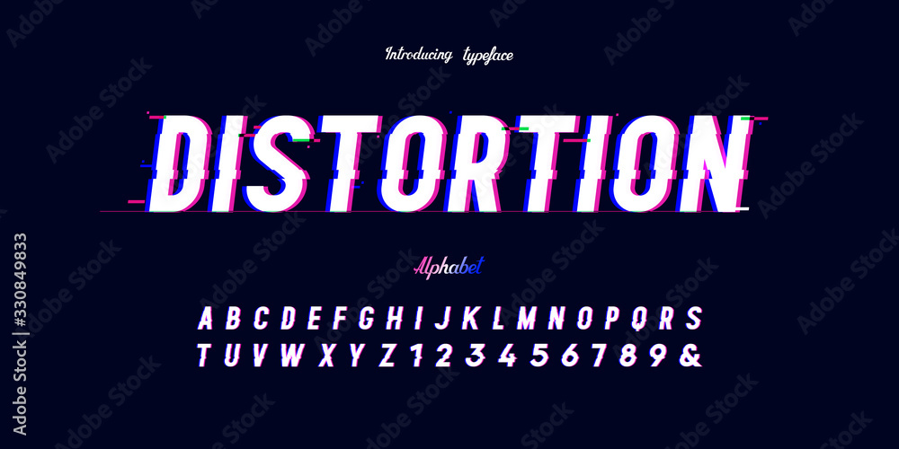 Poster vector distorted glitch font. trendy style lettering typeface. latin letters from a to z and numbers