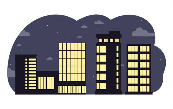 Black business centers buildings and modern city houses at night.Towers and buildings on the sky background. Flat cartoon design isolated on white background.Colorful vector illustration.