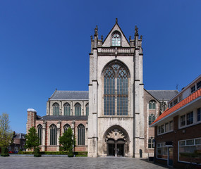 Fototapeta na wymiar Gothic church of Maria Magdalena with its transept facade in the old town of Goes in the Netherlands
