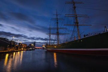 Dusk in the harbor of Hamburg.