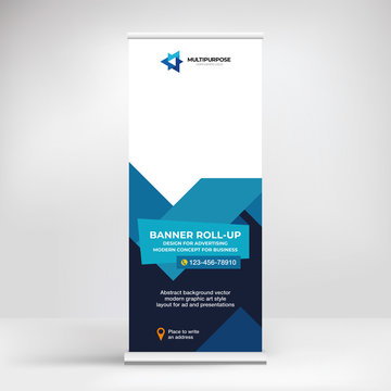 Banner roll-up design, creative layout of a mobile stand for visual advertising of stores and products. Modern design for product promotion and presentation