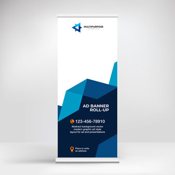 Banner roll-up design, creative layout of a mobile stand for visual advertising of stores and products. Modern design for product promotion and presentation