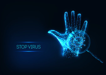 Futuristic stop CORONA virus concept with glowing low polygonal human hand and virus cell