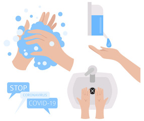 Hand disinfection as a means of protection against the virus. Quarantine, stop coronavirus epidemic design concept