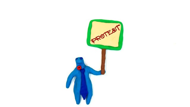 Looped stop motion cartoon. A man with banner with  word "protest"
