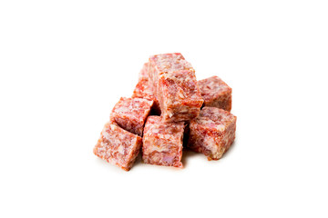 Flat layout of cube red meat lying on the ground