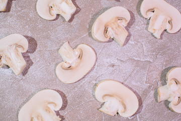 Delicious, healthy chopped champignons. Beautiful background. Healthy food.