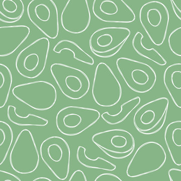 Vector seamless summer pattern with avocados. Tasty fruits drawn in line art style