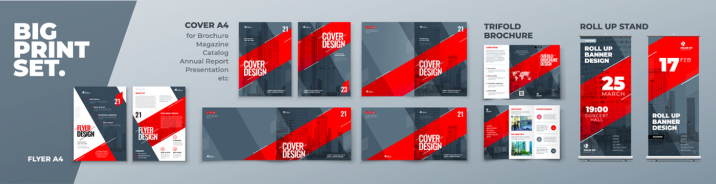 Corporate Identity Print Template Set of Brochure cover, flyer, tri fold, report, catalog, roll up banner. Branding design. Business stationery background design collection.