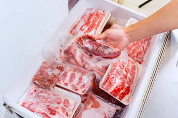 Flat layout of hand picking a package of red meat