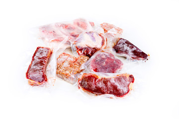 Flat layout of plastic packed beef varieties