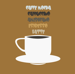 Emblem, logo for the cafeteria, the image of a cup of coffee on a saucer, vector illustration.